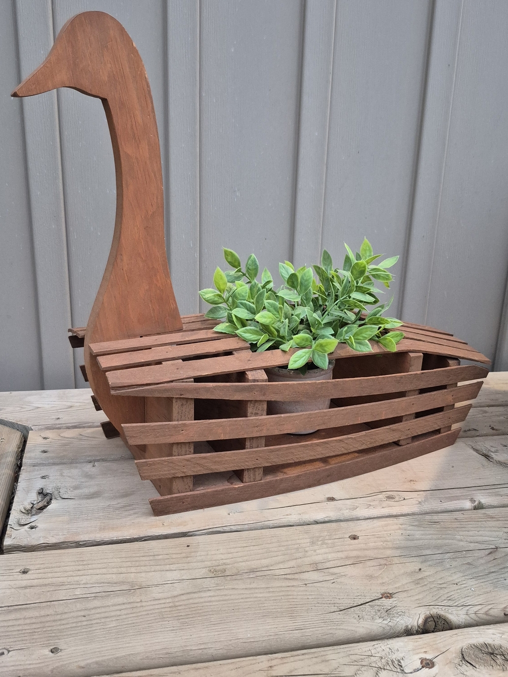 Vintage Primitive Wooden Goose Slat Planter / Duck Plant Holder